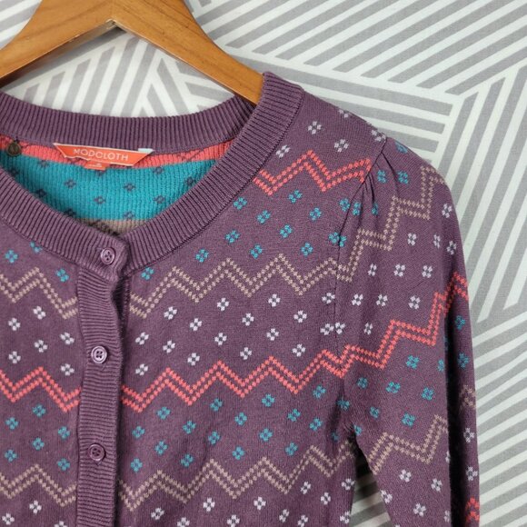 Modcloth Cardigan Sweater Size Small Purple Teal Pink Stripe 3/4 Sleeve Pinup - Picture 2 of 5